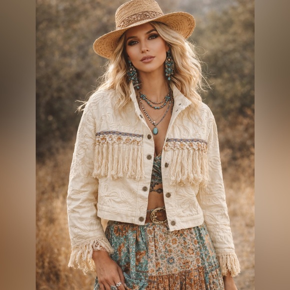 Jackets & Blazers - J1212. Cream Fringe Embroidered Jacket
